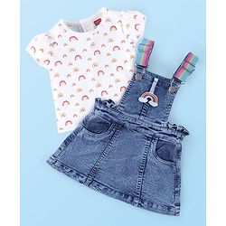 Babyhug 100% Cotton Denim Frock & Half Sleeves Inner T-Shirt with Rainbow Print & Embroidery - White & Blue - Image 3