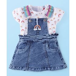 Babyhug 100% Cotton Denim Frock & Half Sleeves Inner T-Shirt with Rainbow Print & Embroidery - White & Blue - Image 4
