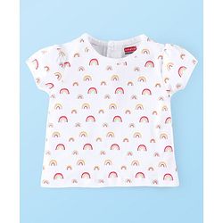 Babyhug 100% Cotton Denim Frock & Half Sleeves Inner T-Shirt with Rainbow Print & Embroidery - White & Blue - Image 5