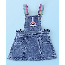 Babyhug 100% Cotton Denim Frock & Half Sleeves Inner T-Shirt with Rainbow Print & Embroidery - White & Blue - Image 7