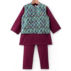 Babyhug 100% Cotton Full Sleeves Kurta Payjama Set With Waistcoat Kite Print - Purple & Blue - Image 51