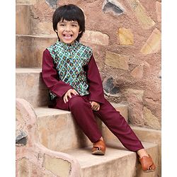 Babyhug 100% Cotton Full Sleeves Kurta Payjama Set With Waistcoat Kite Print - Purple & Blue - Image 13