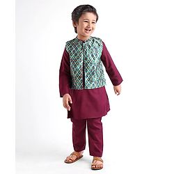 Babyhug 100% Cotton Full Sleeves Kurta Payjama Set With Waistcoat Kite Print - Purple & Blue - Image 62