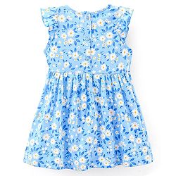 Babyhug 100% Cotton Knit Frill Sleeves Frock with Bloomers & Cap Floral Print - Blue - Image 3