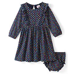 Babyhug 100% Cotton Knit Full Sleeves Frock & Bloomer With Polka Dots Print - Navy Blue - Image 8