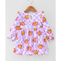 Babyhug 100% Cotton Knit Full Sleeves Frock With Bloomer Smiley Print - Purple - Image 3