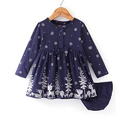 Babyhug 100% Cotton Knit Full Sleeves Frock With Bloomer With Winter Theme Print - Navy Blue - Image 19