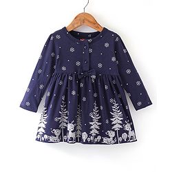 Babyhug 100% Cotton Knit Full Sleeves Frock With Bloomer With Winter Theme Print - Navy Blue - Image 8