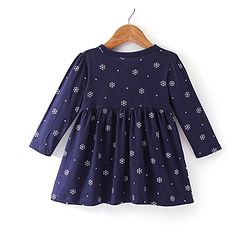 Babyhug 100% Cotton Knit Full Sleeves Frock With Bloomer With Winter Theme Print - Navy Blue - Image 9
