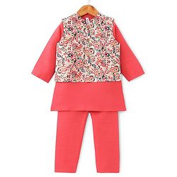 Babyhug 100% Cotton Knit Full Sleeves Kurta Pyjama Set with Printed Jacket - Peach - Image 52