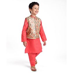 Babyhug 100% Cotton Knit Full Sleeves Kurta Pyjama Set with Printed Jacket - Peach - Image 61