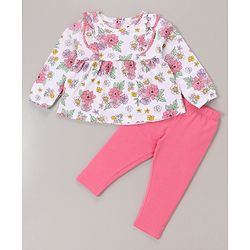 Babyhug 100% Cotton Knit Full Sleeves Top & Legging Set Floral Print - White & Pink - Image 7