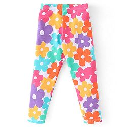 Babyhug 100% Cotton Knit Full Sleeves Top & Leggings With Floral Print - White & Purple - Image 4