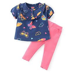 Babyhug 100% Cotton Knit Half Sleeves Butterfly Print Top with Frill Detailing & Leggings Set - Multicolour - Image 7