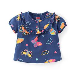 Babyhug 100% Cotton Knit Half Sleeves Butterfly Print Top with Frill Detailing & Leggings Set - Multicolour - Image 8