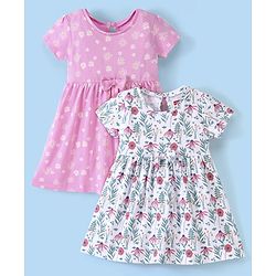 Babyhug 100% Cotton Knit Half Sleeves Frock Floral Print Pack of 2 - Pink & White - Image 7