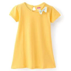 Babyhug 100% Cotton Knit Half Sleeves Frock Striped & Bow Applique Pack Of 2 - Yellow & Green - Image 3