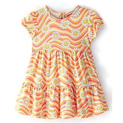 Babyhug 100% Cotton Knit Half Sleeves Frock Stripes & Floral Print - White - Image 4