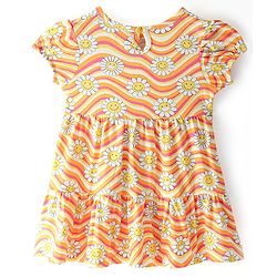 Babyhug 100% Cotton Knit Half Sleeves Frock Stripes & Floral Print - White - Image 8