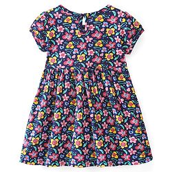 Babyhug 100% Cotton Knit Half Sleeves Frock with Bloomer Floral Print - Navy Blue - Image 3