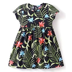 Babyhug 100% Cotton Knit Half Sleeves Frock with Tropical Print - Multicolour - Image 6