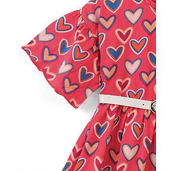 Babyhug 100% Cotton Knit Half Sleeves Light Weight Heart Print Winter Dress with Belt - Red - Image 3