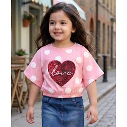 Babyhug 100 % Cotton Knit Half Sleeves Top with Polka Dot & Sequined Heart - Pink - Image 5