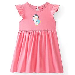 Babyhug 100% Cotton Knit Short Sleeves Frock With Penguin Print Pack Of 3 - Pink Peach & Blue - Image 4