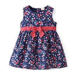Babyhug 100% Cotton Poplin Knit Half Sleeves Shrug with Frock Floral Print - Navy Blue - Image 3