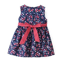 Babyhug 100% Cotton Poplin Knit Half Sleeves Shrug with Frock Floral Print - Navy Blue - Image 4