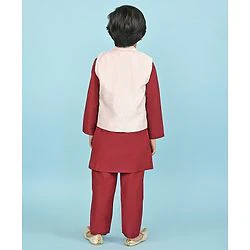 Babyhug 100% Cotton Woven Full Sleeves Cambric Kurta Pyjama Set With Mirror Embroided Jacket  -Red - Image 3
