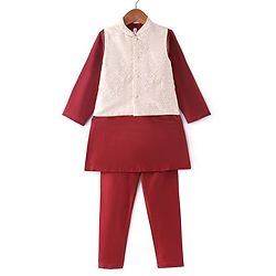 Babyhug 100% Cotton Woven Full Sleeves Cambric Kurta Pyjama Set With Mirror Embroided Jacket  -Red - Image 5