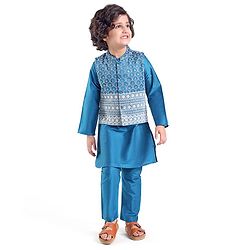 Babyhug 100% Cotton Woven Full Sleeves Kurta & Pyjama Set With Mirror Embroidered Jacket - Navy Blue - Image 8
