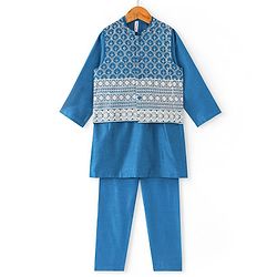 Babyhug 100% Cotton Woven Full Sleeves Kurta & Pyjama Set With Mirror Embroidered Jacket - Navy Blue - Image 9