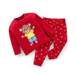 Babyhug Cotton Knit Full Sleeves Bear Print Night Suit - Red - Image 7