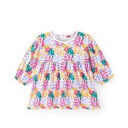 Babyhug Cotton Knit Full Sleeves Frock Leafy Print - Multicolor - Image 9