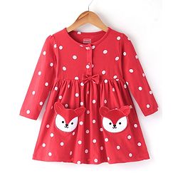 Babyhug Cotton Knit Full Sleeves Frock with Bloomer  Polka Dots Printed & Bow Applique - Red - Image 14