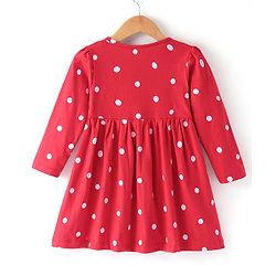 Babyhug Cotton Knit Full Sleeves Frock with Bloomer  Polka Dots Printed & Bow Applique - Red - Image 3