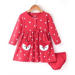 Babyhug Cotton Knit Full Sleeves Frock with Bloomer  Polka Dots Printed & Bow Applique - Red - Image 7