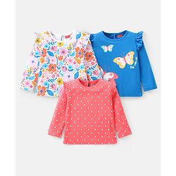 Babyhug Cotton Knit Full Sleeves Top with Floral & Polka Dots Print Pack of 3 - Pink Blue & Dark Pink - Image 8