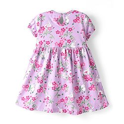 Babyhug Cotton Knit Half Sleeves Floral Print Frock with Frill Detailing & Bloomer - Lilac - Image 3