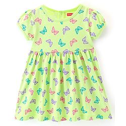 Babyhug Cotton Knit Half Sleeves Frock with Bloomer & Headband Butterfly Printed - Green - Image 10