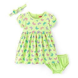 Babyhug Cotton Knit Half Sleeves Frock with Bloomer & Headband Butterfly Printed - Green - Image 9