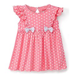 Babyhug Cotton Knit Half Sleeves Frocks Polka Dots Printed with Bow Applique Pack of 2 with Bag - Pink & Grey - Image 4
