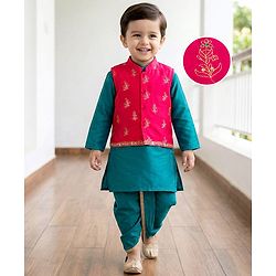 Babyhug Cotton Woven Full Sleeves Kurta Dhoti Set with Borcade Jacket & Floral Embroidery - Teal Blue - Image 12