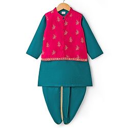 Babyhug Cotton Woven Full Sleeves Kurta Dhoti Set with Borcade Jacket & Floral Embroidery - Teal Blue - Image 13