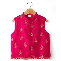 Babyhug Cotton Woven Full Sleeves Kurta Dhoti Set with Borcade Jacket & Floral Embroidery - Teal Blue - Image 14