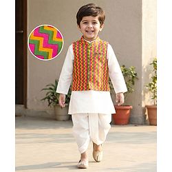 Babyhug Cotton Woven Full Sleeves Kurta Dhoti Set with Jacket & Aztec Design - White - Image 12