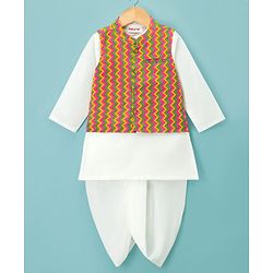Babyhug Cotton Woven Full Sleeves Kurta Dhoti Set with Jacket & Aztec Design - White - Image 57