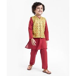 Babyhug Cotton Woven Full Sleeves Solid Kurta & Pajama Set with Floral Print Jacket - Red & Yellow - Image 21